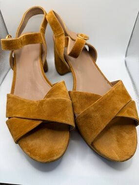 AEROSOLES Mustard Suede Crisscross Block Heel Sandals